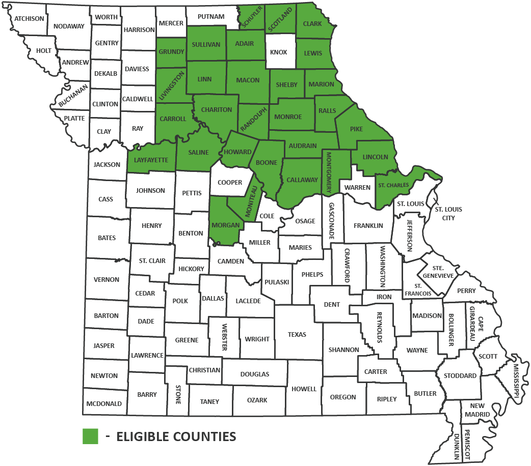 02-CRCL-CountiesMap map of missouri counties that are eligible for CRCL grant